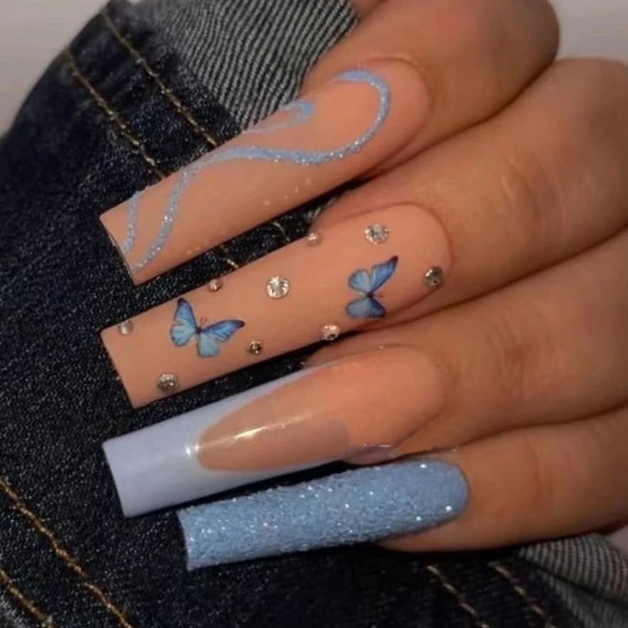 Factory Wholesale 24Pcs Blue Butterfly Rhinestone Coffin False Nails Long Press-on ABS Finger Nails with Nail Glue Design Style