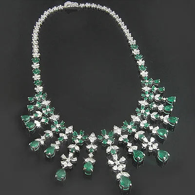 18K White Gold Luxurious Diamond & Emerald Necklace 15.17dtw 22.44etw-a From Diamond Collection