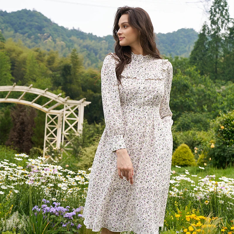 2026 Autumn Plus Size Women's Dresses Long Sleeve Floral Casual Dresses With Ruffle Mock Neck