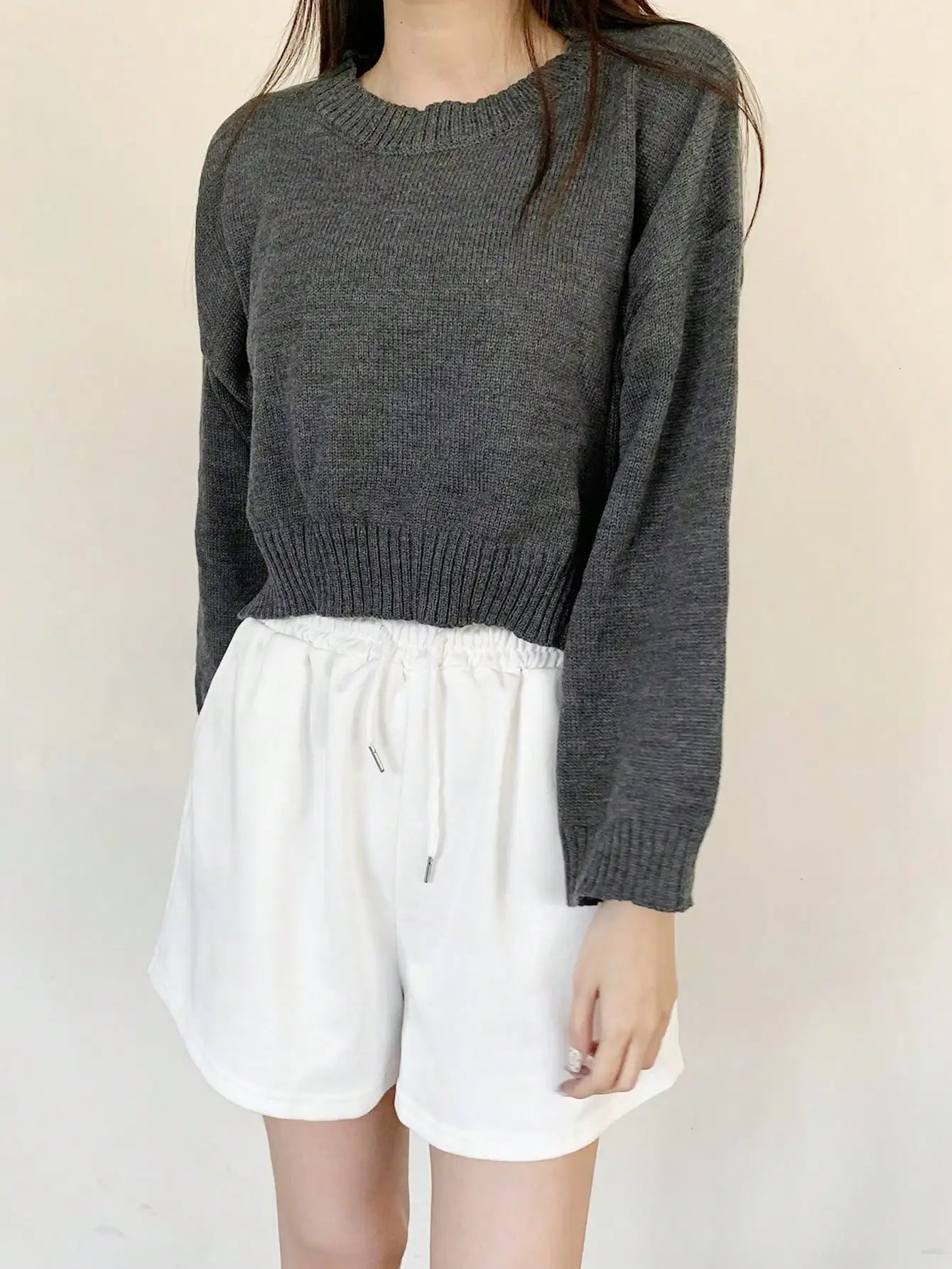 Solid Raglan Sleeve Sweater Women  Jumper Pull Solid Color Round Neck Knit Sweater