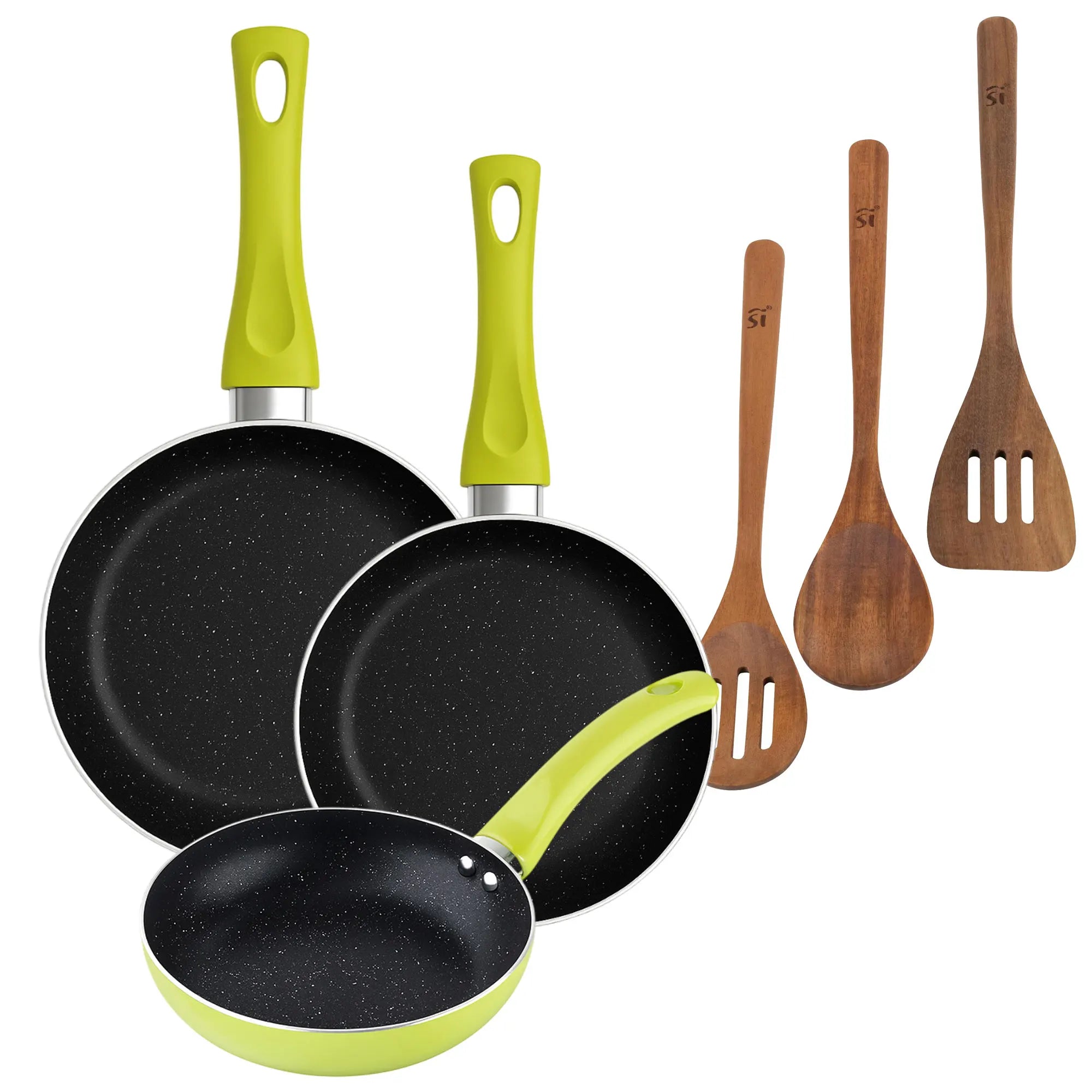 San Ignacio 3-piece frying pan set (20+24+28cm) green pressed aluminum + 3-piece acacia wood kitchen utensil set