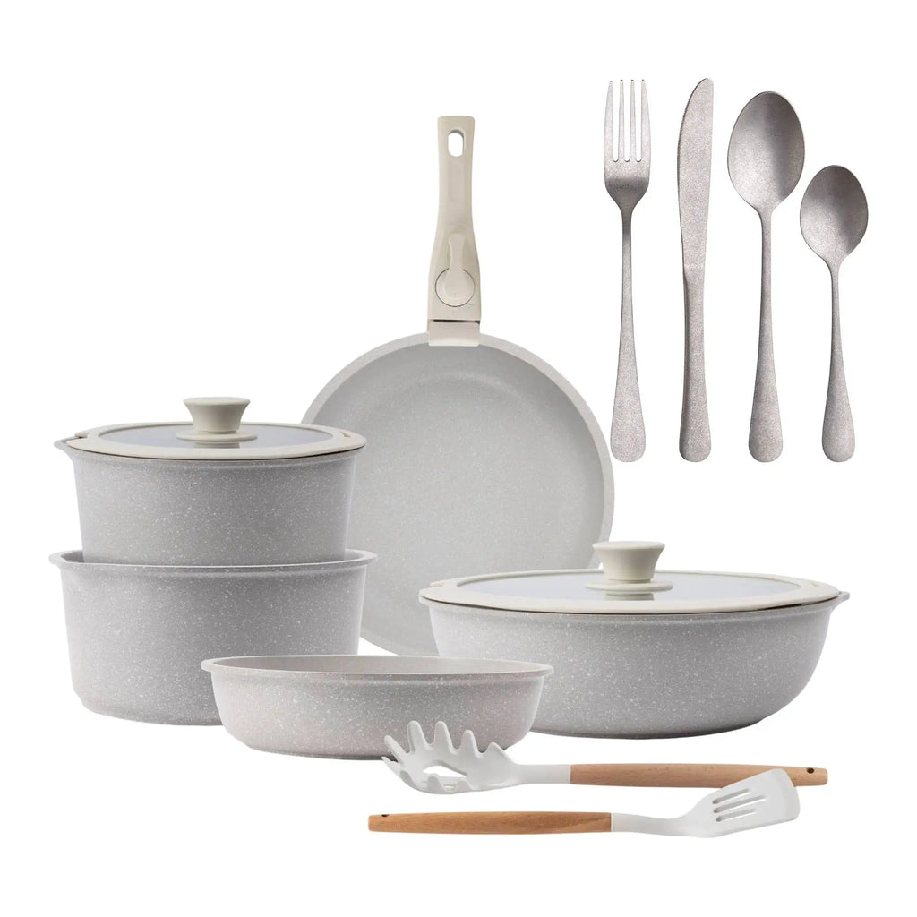 10-Piece Beige Cookware Set with Removable Handles 3 Frying Pans 2 Saucepans Lids and Utensils + 16-Piece Stainless Steel