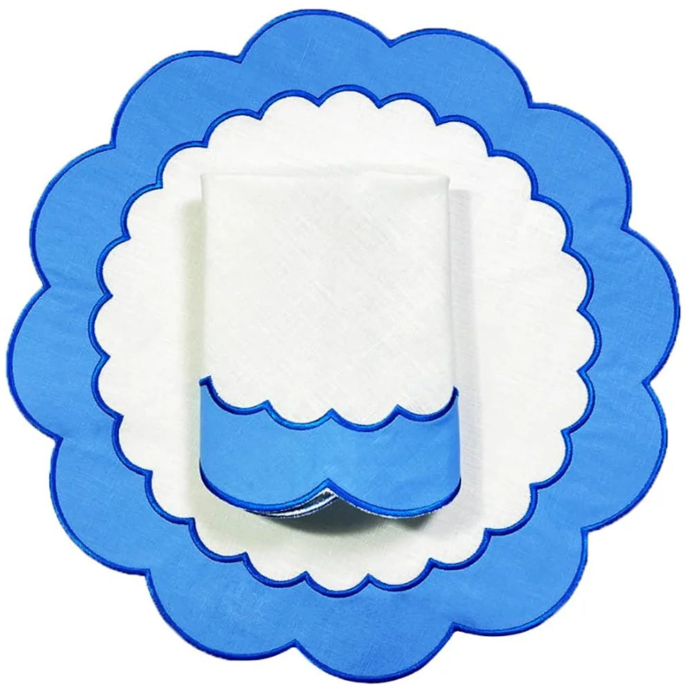 Handmade Modern Scallop Cotton Linen Napkins Color Block Embroidered Washable Customized Size & Color Daily Dinner Table