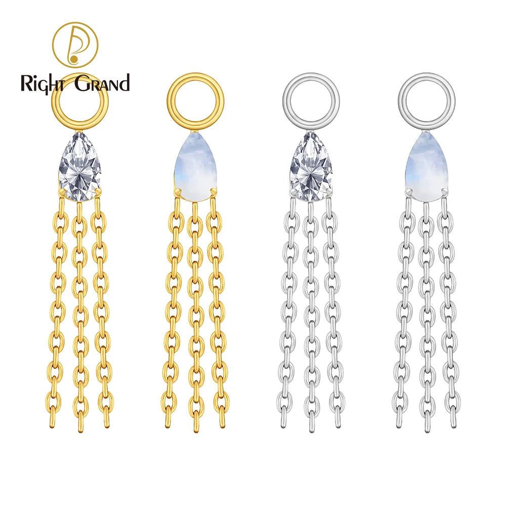 Right Grand ASTM F136 Titanium Teardrop Moonstone & CZ Dangle Chain Charm Connector for Cartilage Helix Hoop Piercing Jewelry