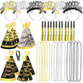 Black Gold Silver Happy New Year Headband Cone Hats Blowouts Bead Necklace for 2025 New Year Eve Party Supplies