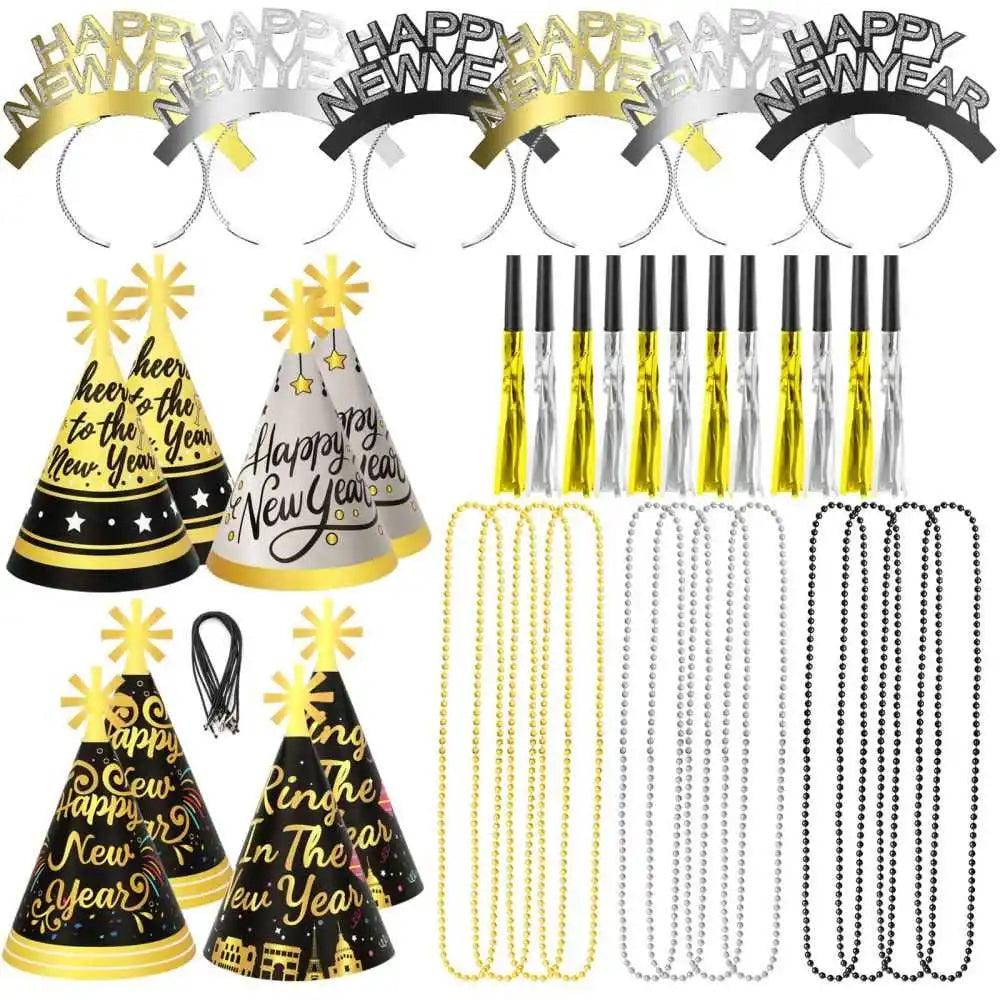 Black Gold Silver Happy New Year Headband Cone Hats Blowouts Bead Necklace for 2025 New Year Eve Party Supplies