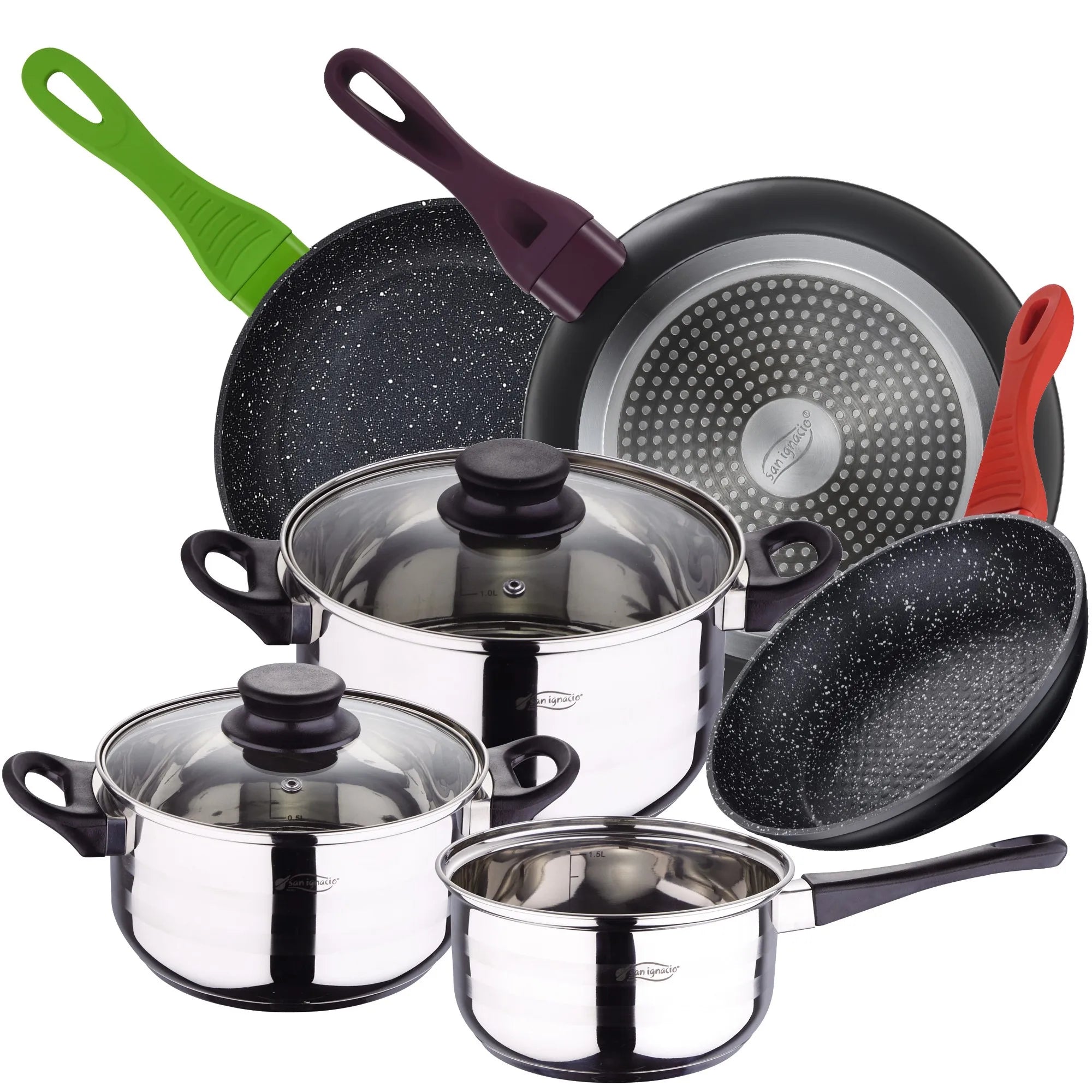 5-piece stainless steel cookware set with San Ignacio forged aluminum frying pans (20 24 28 cm)
