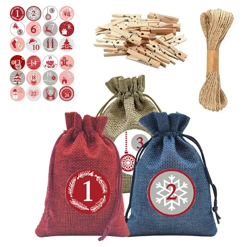 Luxury Countdown Calendar Xmas Burlap Hanging Gift Candy Bags with Sticker Numbers for Christmas Advent Calendar Bag