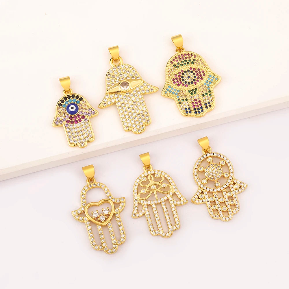 Wholesale 18K Gold Plated Copper Hamsa Hand Pendant Set-Eye & Crystal Inlay Other Symbol Jewelry Women Men Trendy Necklaces