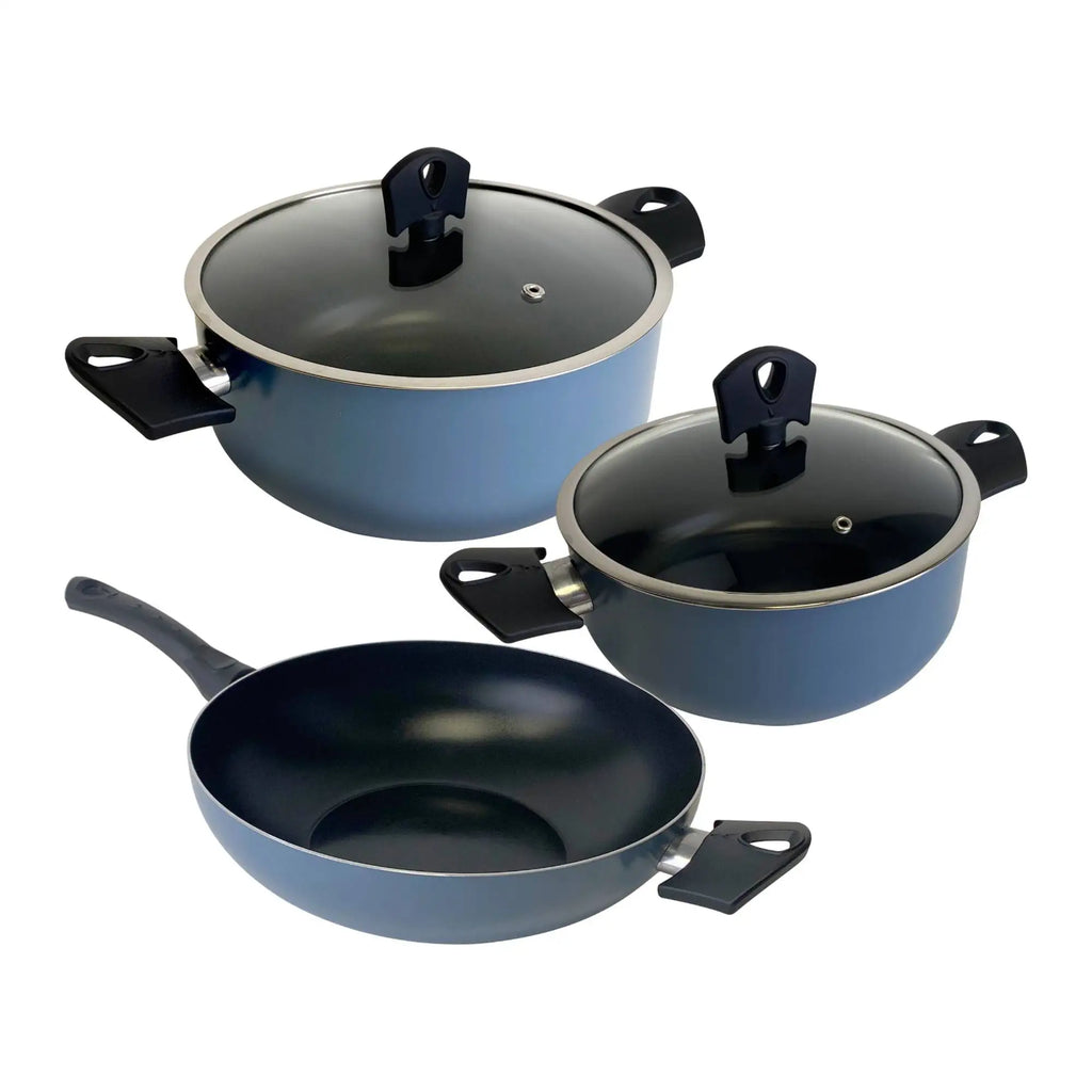 Set of 2 saucepans (20/24cm) with lids + wok (30cm) in pressed aluminum blue NOIA San Ignacio