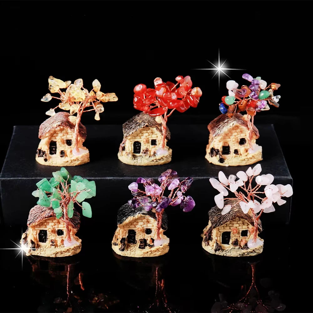 Natural Crystal Tumbled Stone Hut Landscape Flower Tree for Feng Shui Home Office Decoration Money Tree