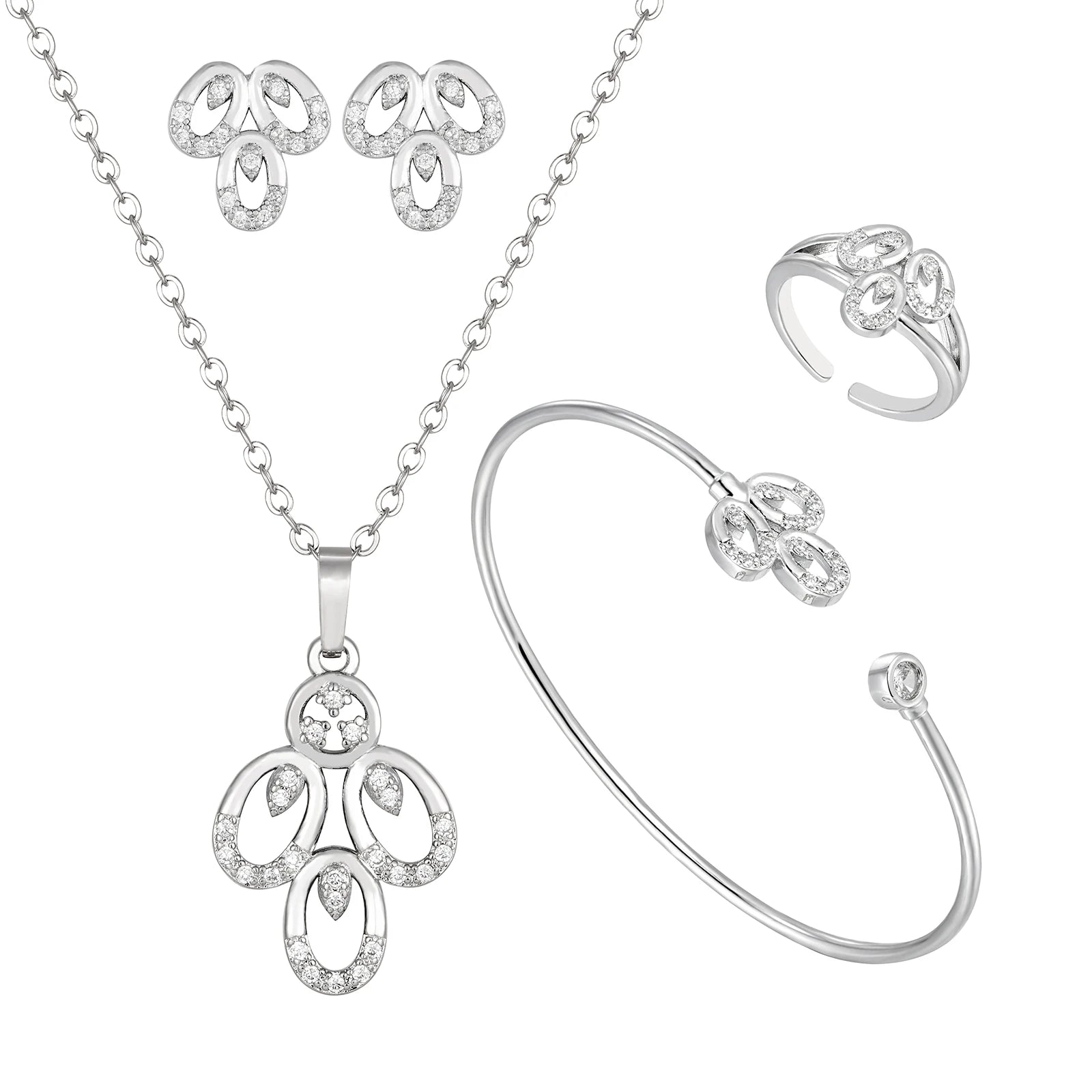 Romantic Women's Copper Gold Plated Jewelry Set New Gorgeous Clavicle Chain Necklace Earrings Hollow Flower Zircon Wedding Gift