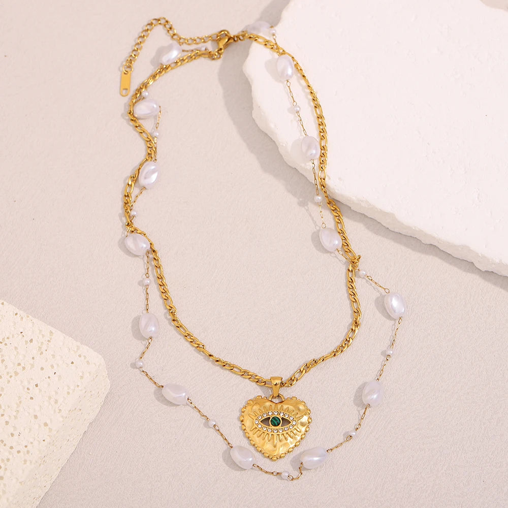 Dreamshow Double Layer Chain Necklace Imitation Pearl Jewelry Evil Eye Pendant Necklace Stainless Steel Jewelry