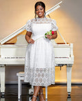 Custom Short Puff Sleeves a Line Hollow Out Lace Lady Casual Dresses