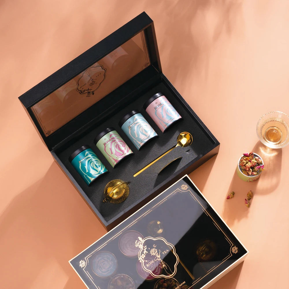Tianhui Luxury Gift Box Empty Paper Box Custom with Clear Acrylic Lid Tea Box Rose Tea Gift Set Packaging