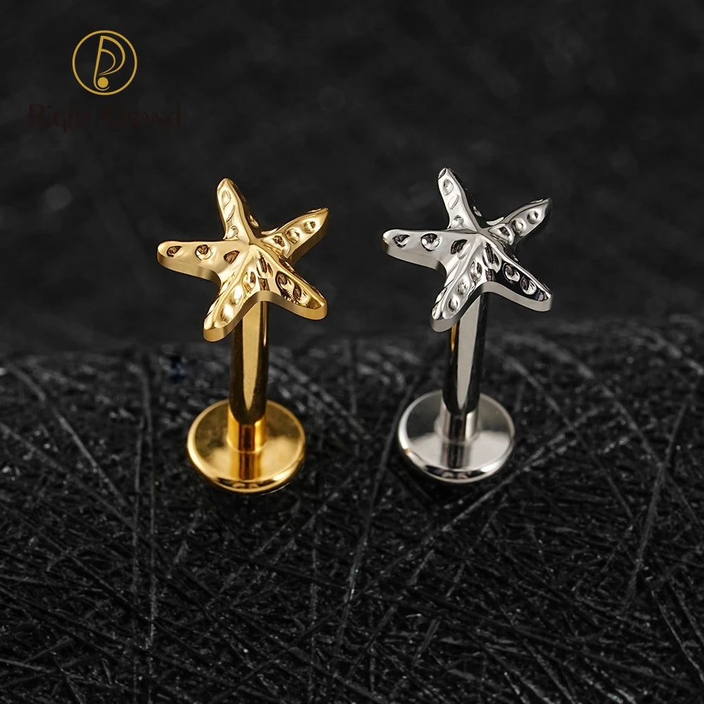 ASTM F136 Titanium 16G Internal Threaded Starfish Cartilage Earring 16G Flat Back Labret Stud Tragus Helix Piercing Jewelry MegaBDM
