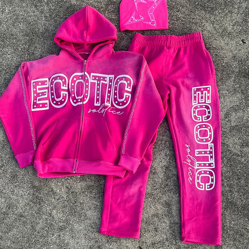 Custom Rhinestone Tracksuit Men Acid Wash Zip up Embroidery logo Tracksuit Screen Print Letter Faded Sweatpants and Hoodie Sets MegaBDM