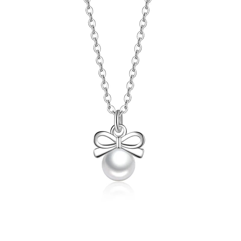 Wholesale Simple Style Pearl Bow Fashion Pendant Necklaces Sterling Silver for Women Jewelry