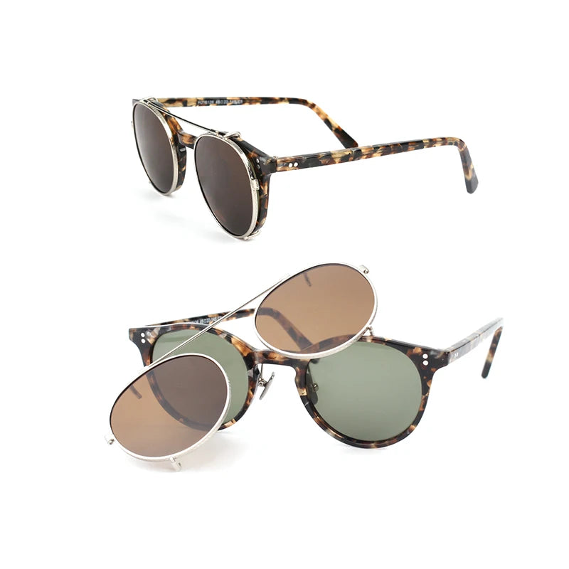 Luxury Retro Vintage Sun Glasses for Women Brown Acetate Clip Sunglasses with Polarized Tac Lenses Flip-Up Cover
