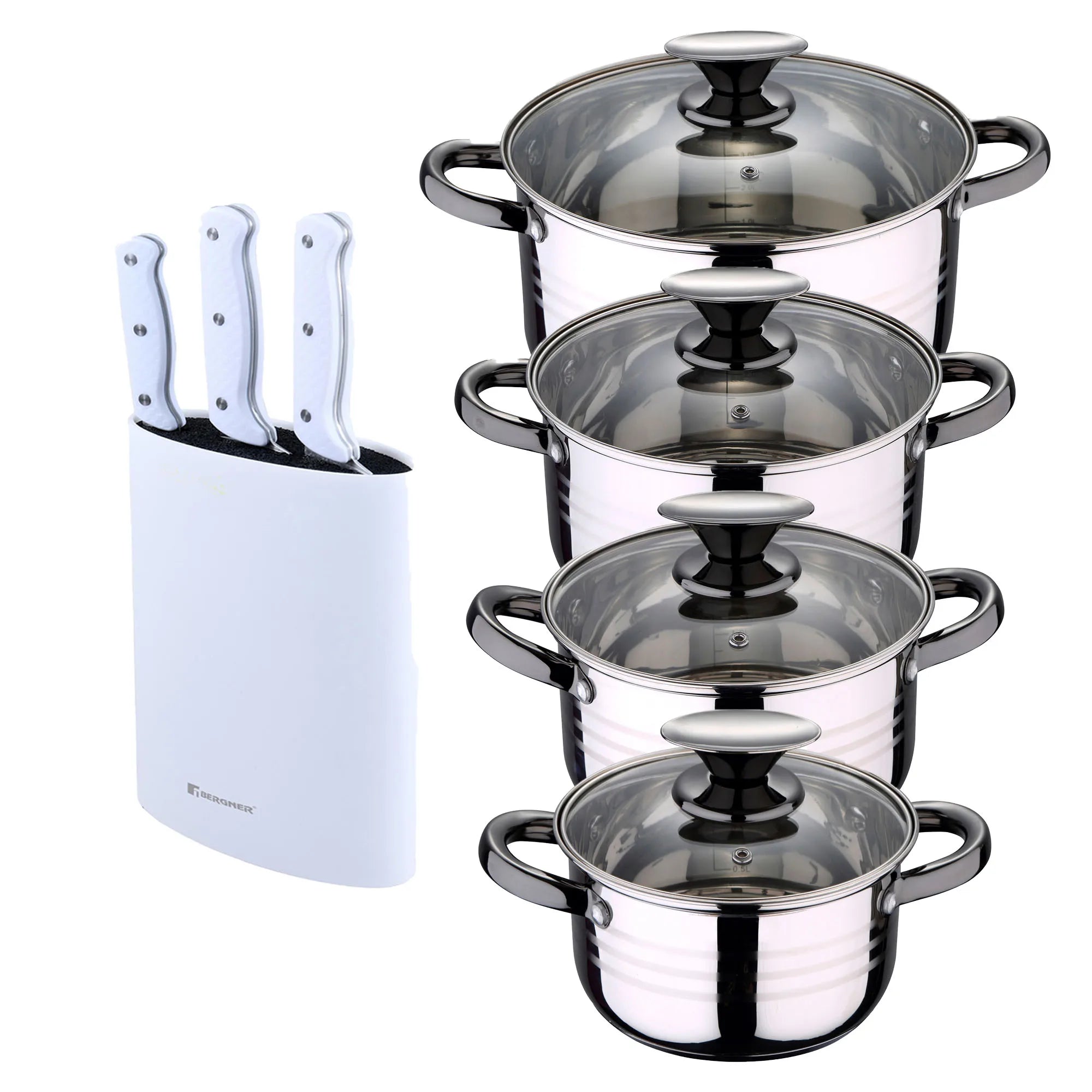 8-piece stainless steel cookware set suitable for induction cooktops San Ignacio Premium Collection + Bergner NATURALLY