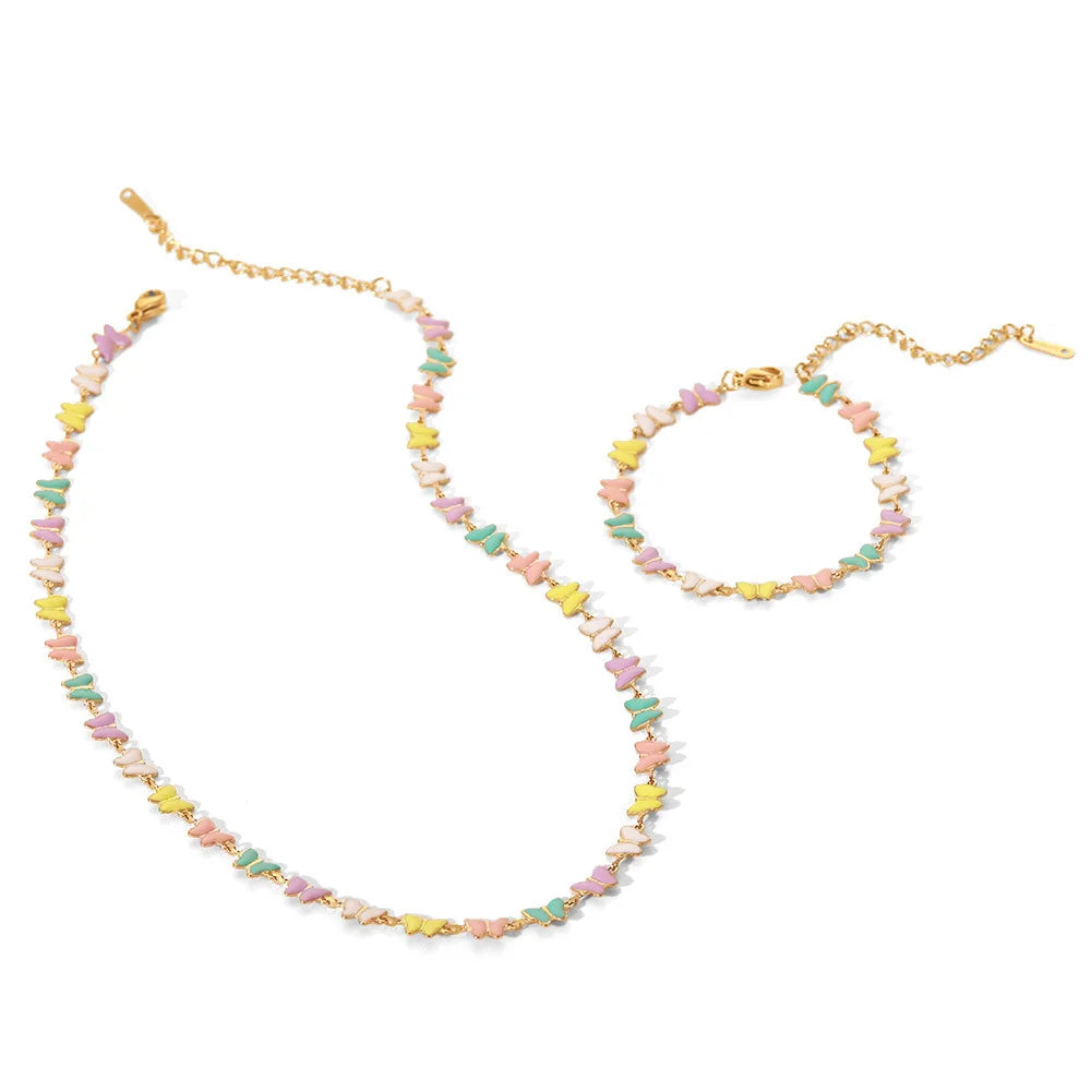 Butterfly Chain Necklace Bracelet Jewelry Set Waterproof Stranded Colorful Stainless Steel for Wedding or Party