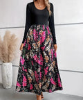 2025 Autumn/Winter Fashion Elegant Floral Print Color-Block Long-Sleeve Crew-Neck A-Line Dress