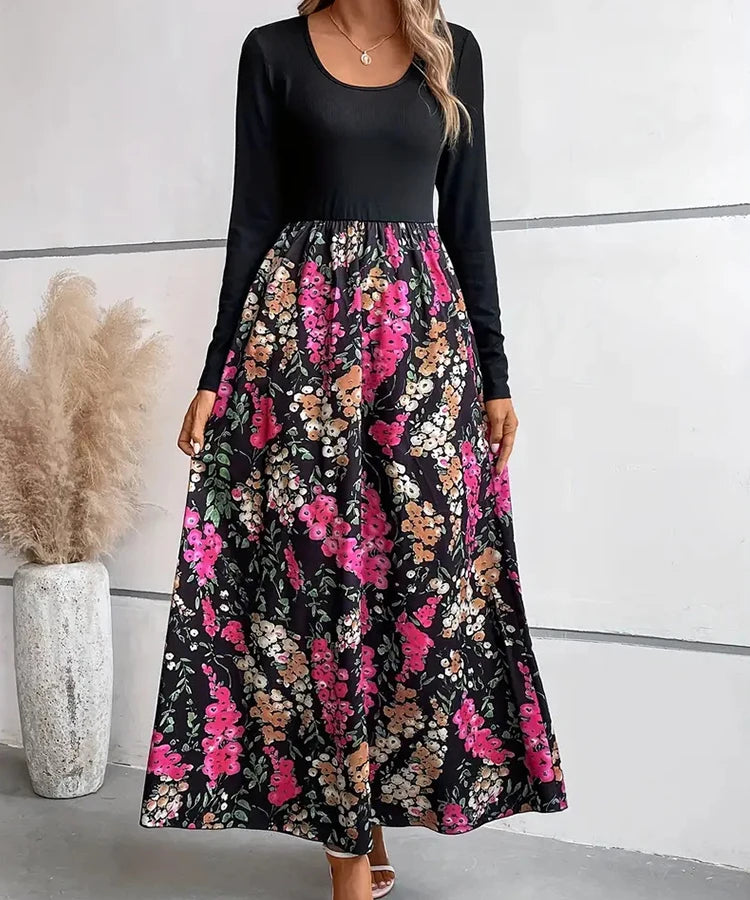2025 Autumn/Winter Fashion Elegant Floral Print Color-Block Long-Sleeve Crew-Neck A-Line Dress