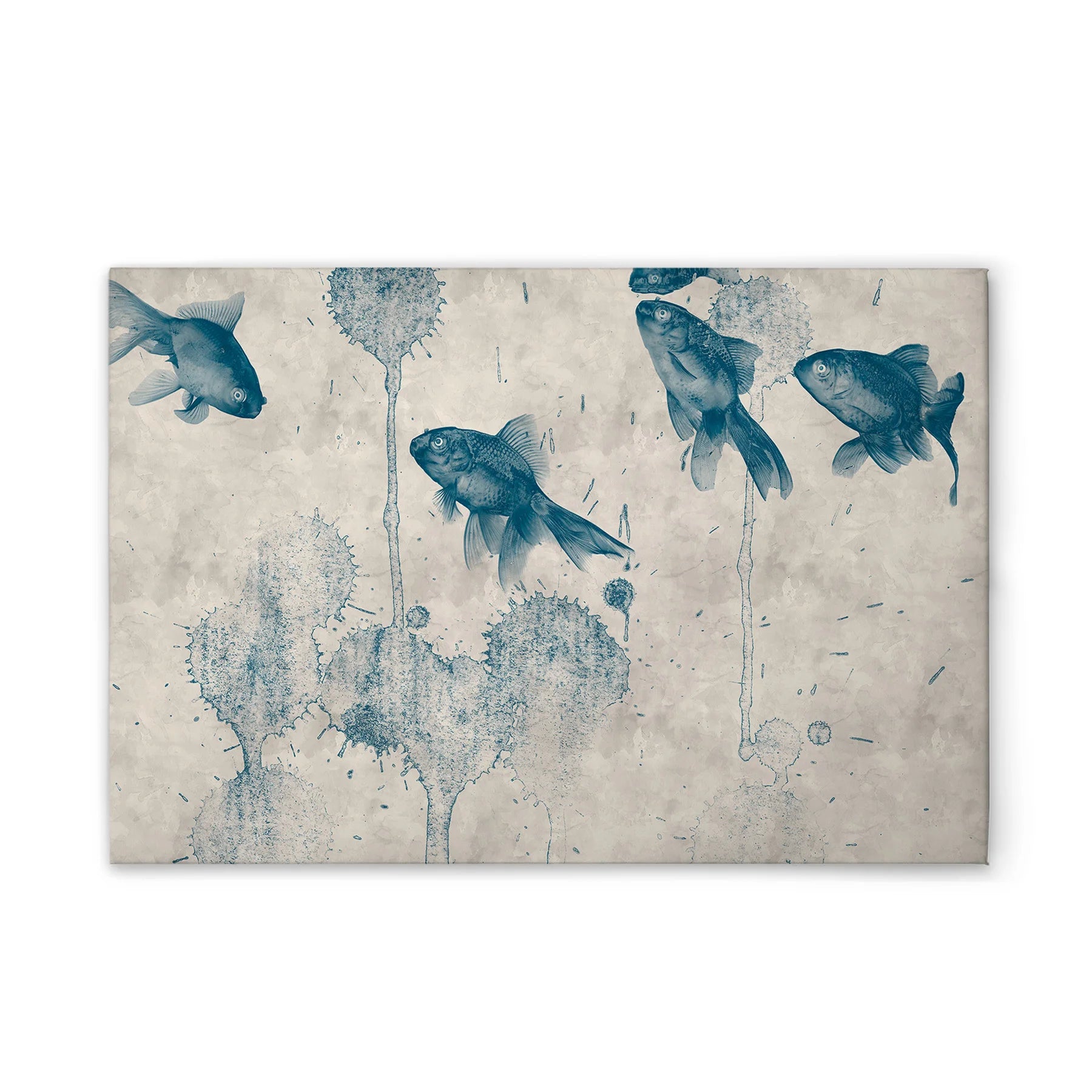Made In Germany - Home Decor Canvas Picture Fish Painting - Wall Mural In Cream And Blue - Canvas Picture On Stretcher Frame