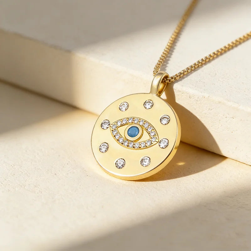 QIKU Round Eye Pattern Inlay Crystal Pendant Women Necklace Copper Zircon Jewelry Accessories Gift Wholesale Dropshipping