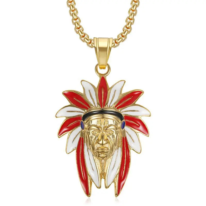 HIPHOP Jewelry Stainless Steel 18k Gold Plated Epoxy Indian Head Pendant Necklace