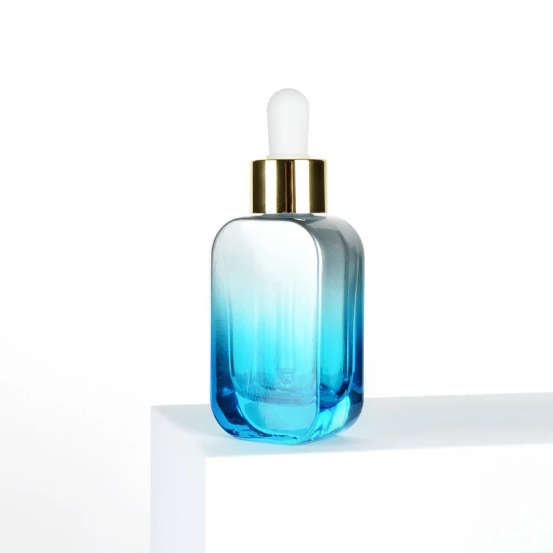 Manufacturer Eco Friendly Blue Transparent Rectangle Flat Serum Dropper Bottle 30ml with a Dropper