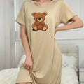 Women Summer Night Dress Shorts Sleeve Cartoon Bear Print Nightgowns Ladies Sleep Shirt Pyjamas Woman