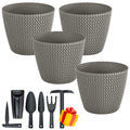 Set of 4 Prosperplast Splofy 5L round plastic flower pots in grey 21.8x18.4cm + FREE set of 6 garden tools