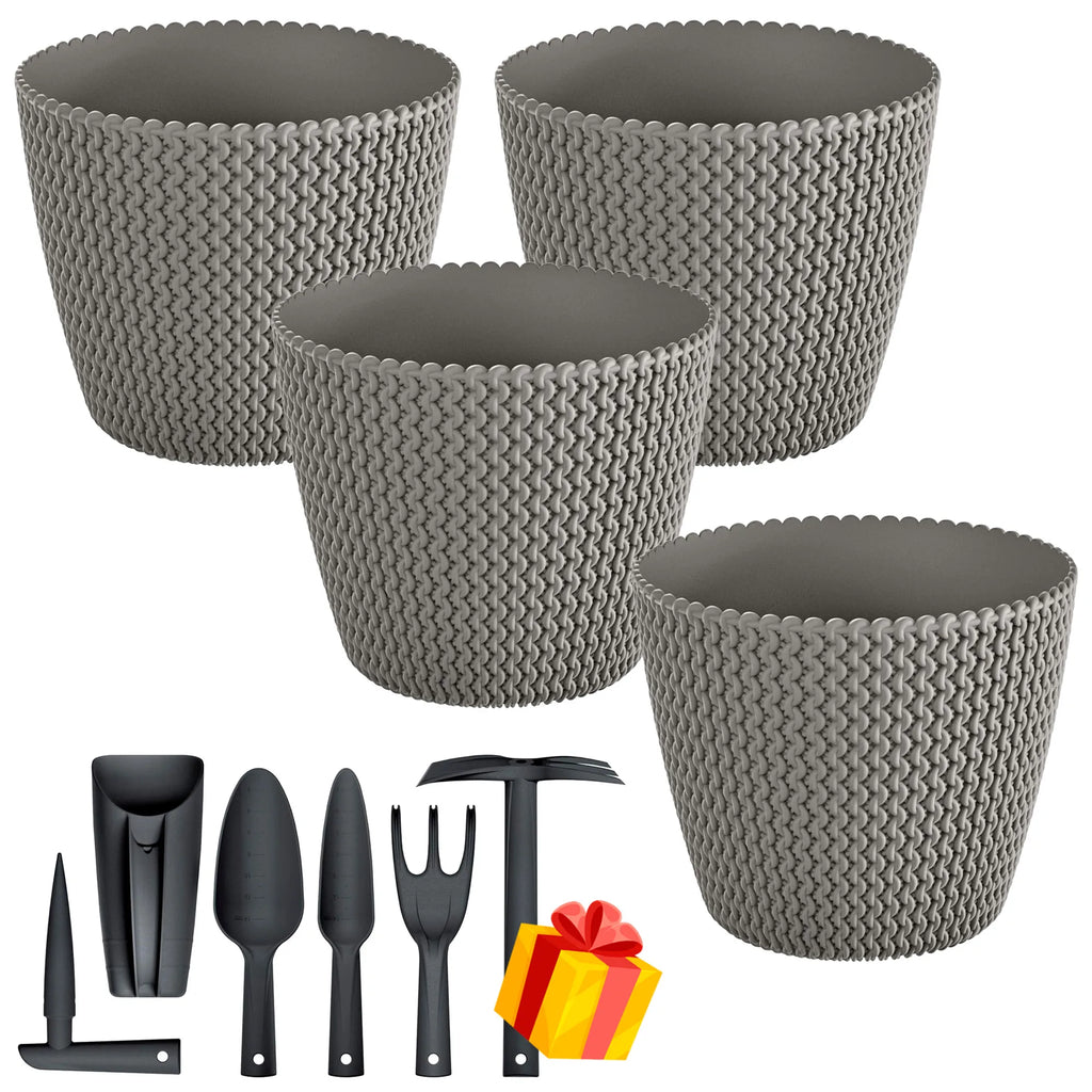 Set of 4 Prosperplast Splofy 5L round plastic flower pots in grey 21.8x18.4cm + FREE set of 6 garden tools