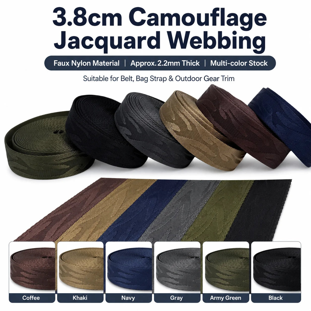 Camouflage Jacquard Webbing 3.8cm Faux Nylon Strap Heavy Duty Durable Belt Bag Outdoor Gear Webbing Multi-color MegaBDM
