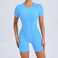 Women's Fitted Short Sleeve Bodysuit Exposed Seams One-Piece Yoga Suit with Beautiful Hollow Back Sports Fitness Apparel