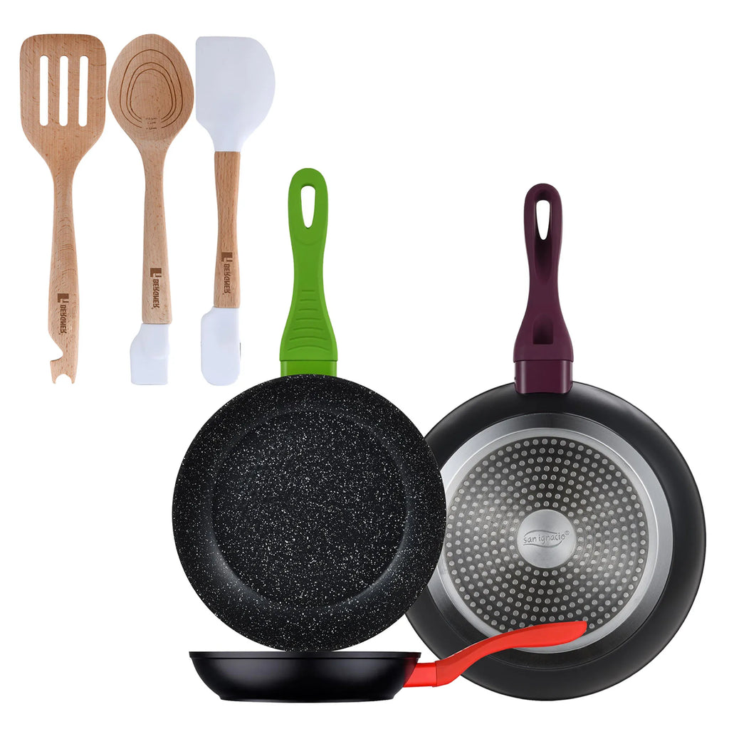 Set of 3 San Ignacio 20/24/28 forged aluminum frying pans induction compatible + Set of 3 silicone and wooden kitchen utensils