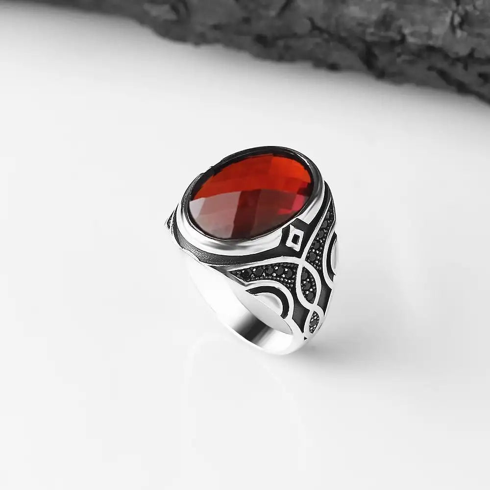Azuris Turkish 925 Sterling Silver Men's Ring Ottoman Style Fashion Jewelry with Natural Stone Black Color VALKH1420