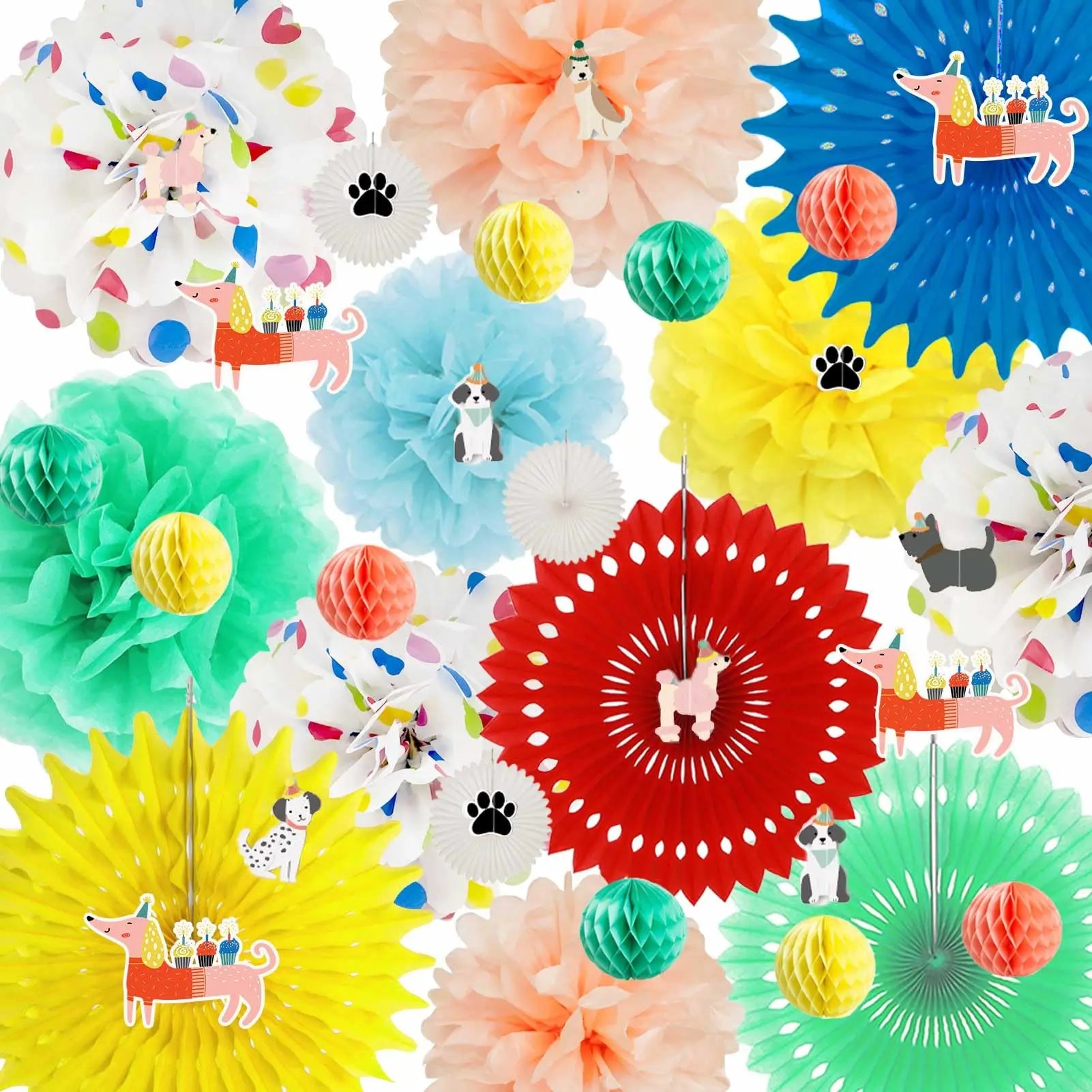 Dog Pet Paw Time Colorful Dot Tissue Pom Poms Flowers Hanging Paper Fans Honeycombs Garland Dog Party Decorations Pack