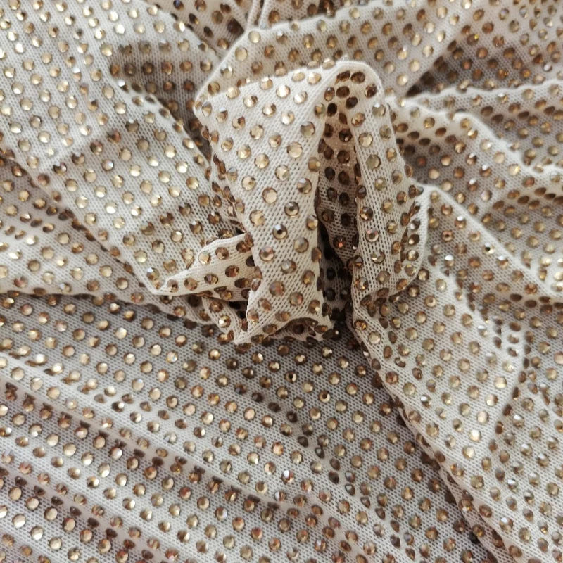 Iridescent Golden Topaz  Rhinestones Fabric on Beige  Nylon Spandex Power Mesh With Crystal Stones