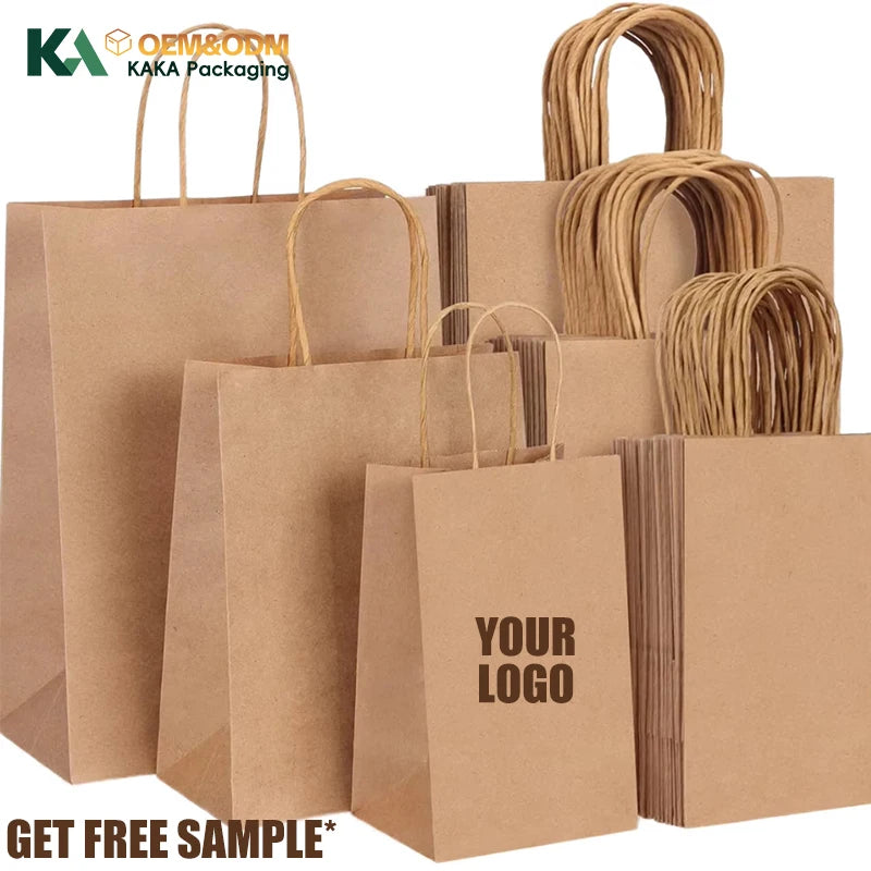 KAKA Custom Size Eco Friendly Brown Gift Paper Bag Twist Handle Small Kraft TakeawayShopping Bags for Clothing