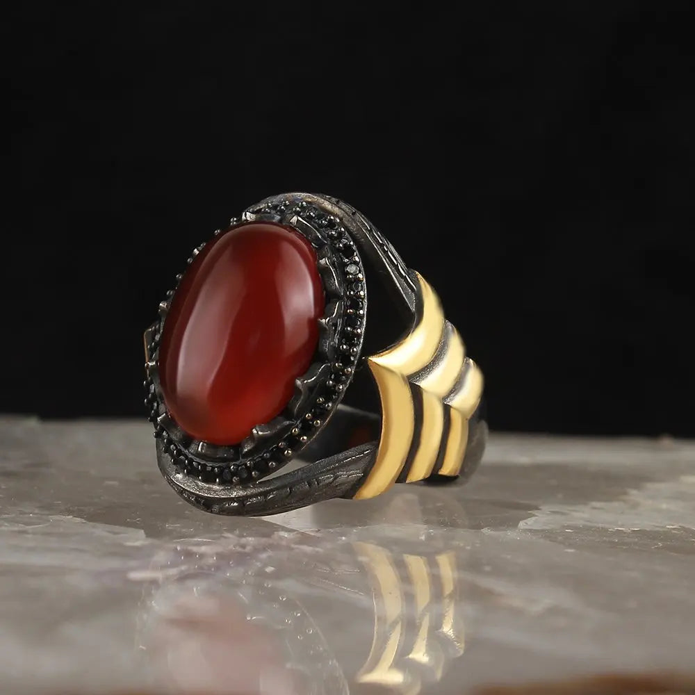 Turkish Style Vintage 925 Sterling Made Ottoman Style Men's Ring. Rhodium and Gold Bi-color Plating