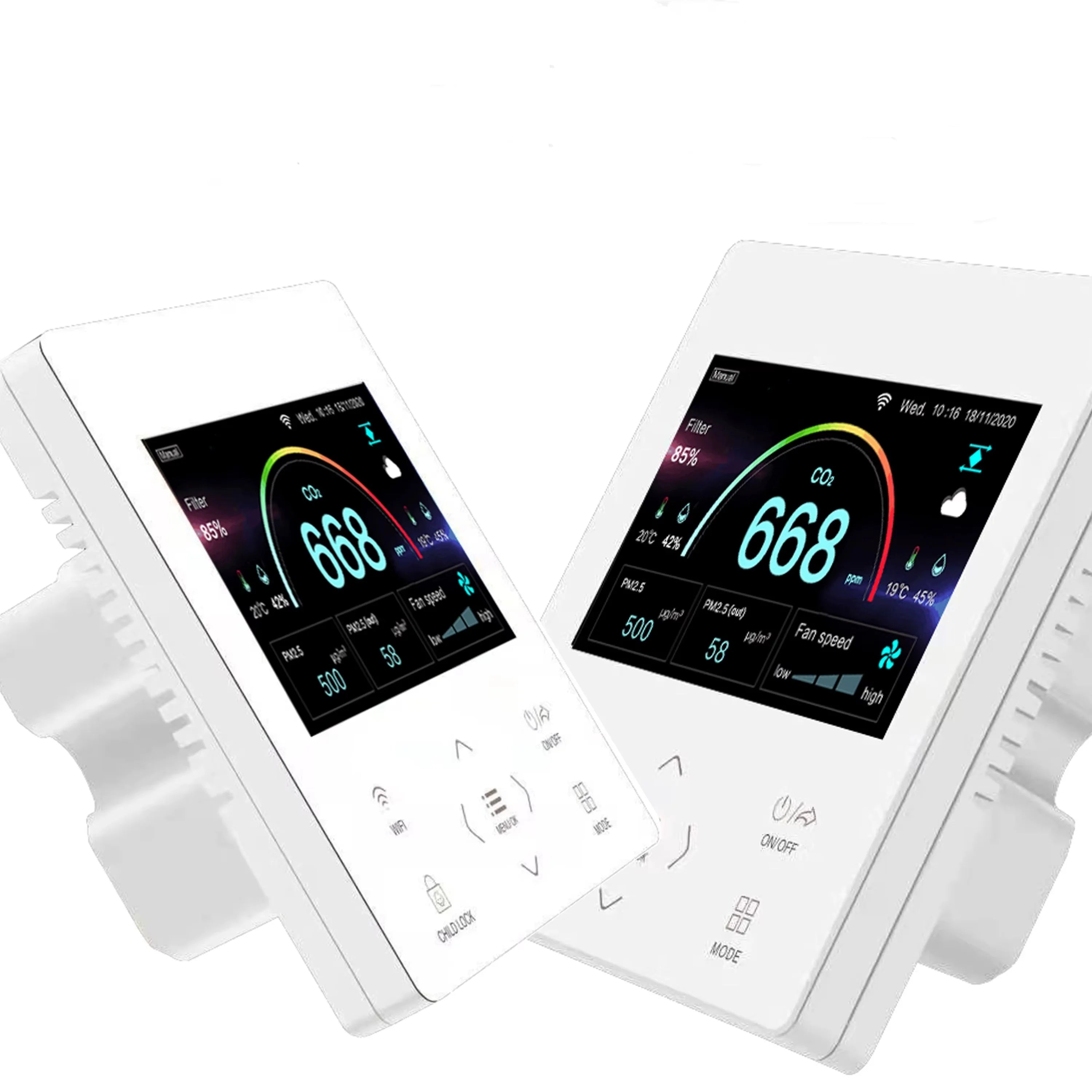 Energy-Efficient Wall Mounted HVAC Parts Square Fan Controller Air Recuperator CO2 PM2.5 Pollution Sensor Graphic Design