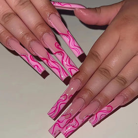 Wholesale 24Pcs Factory Price ABS Fake Nails Glitter Powder Long Coffin Press on French Style Nail with Packaging Box Nail File