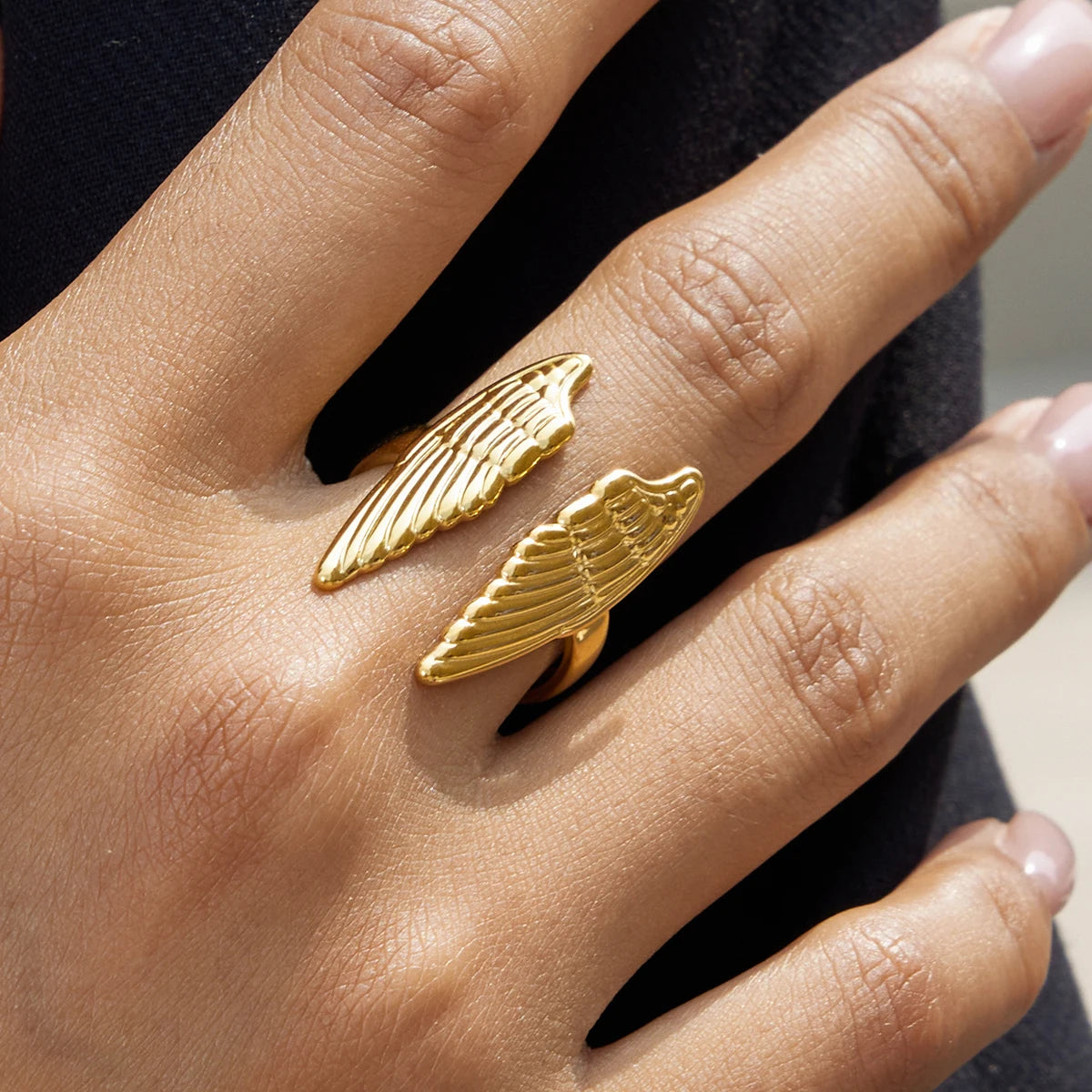 J&D Jewelry Ladies Modern Minimalist 18K Gold Stainless Steel Wing Shape Adjustable Open Ring