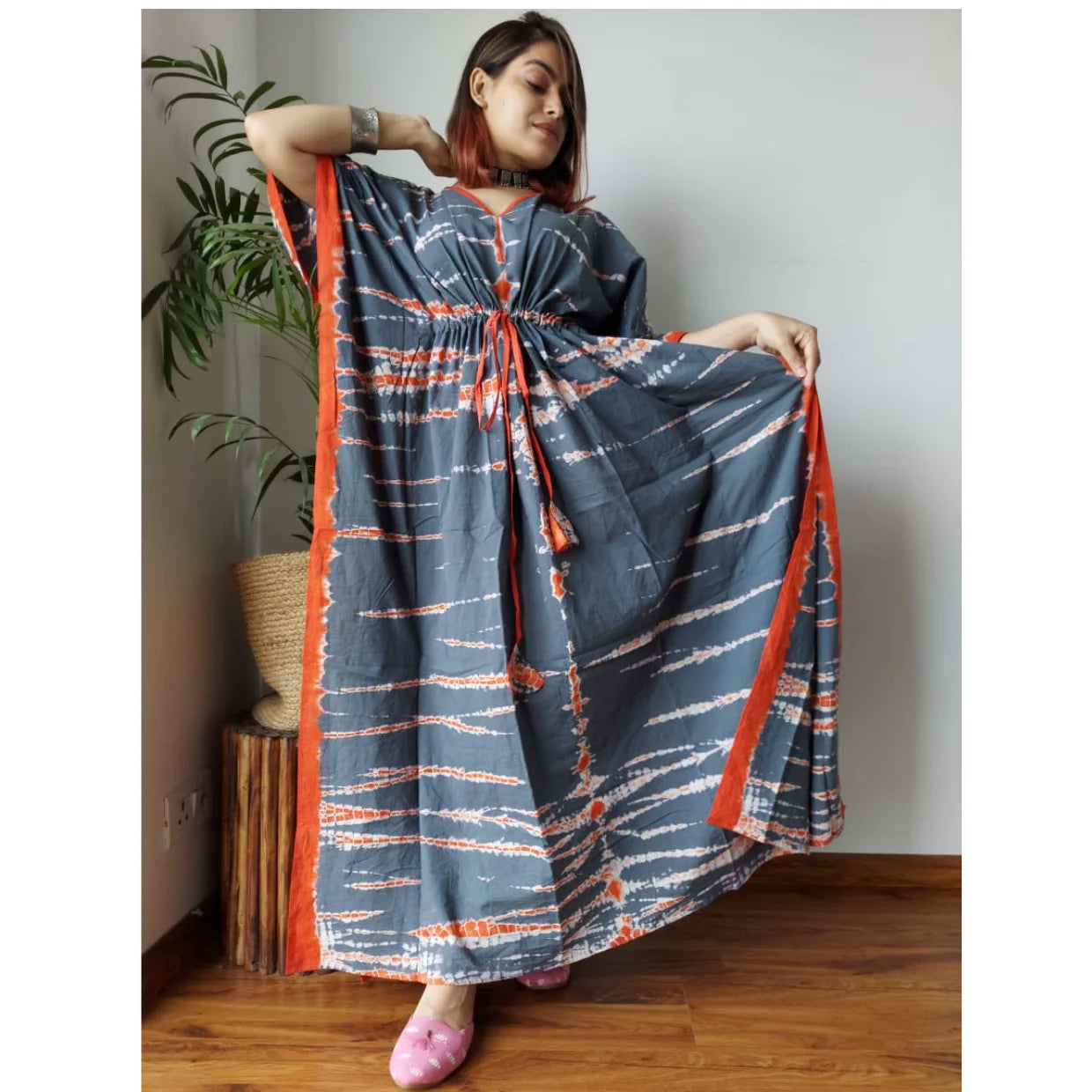 Custom Made Boho Cotton Tie-Dye Kaftan Dress V-Neck Natural Waistline Straight Summer Ready Floor-Length for Boutique Resellers