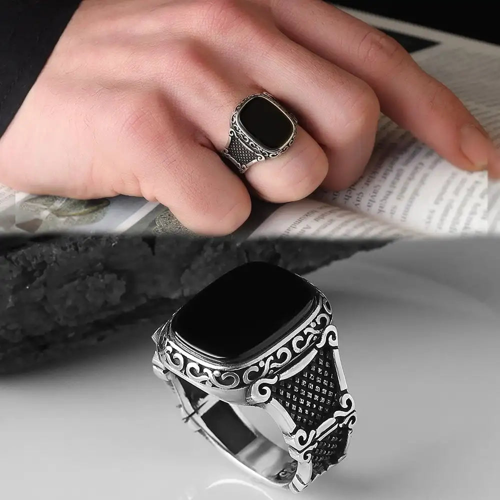 Wholesale Azuris 925 Sterling Silver Ottoman Style Men's Ring with Naturel Stone Agate Handmade in Turkey VALKH1116