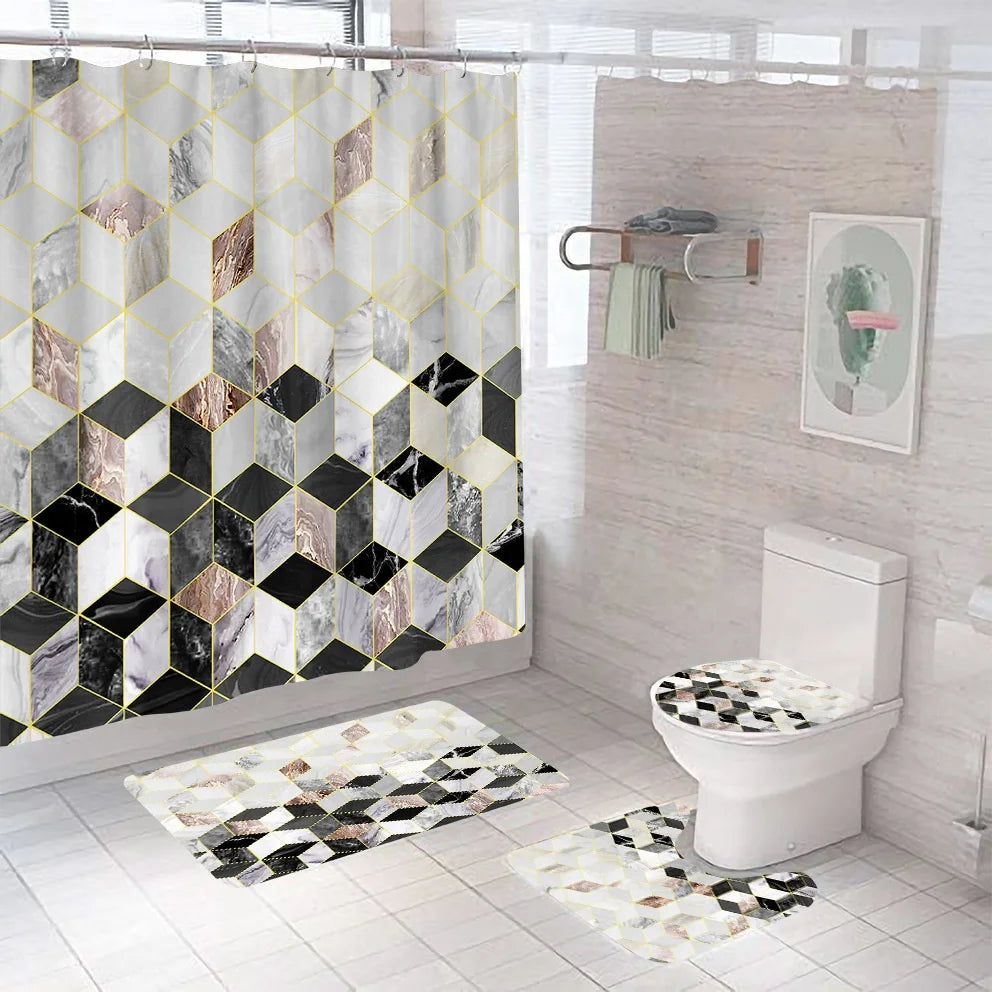Minimalist Modern Designer Bathroom Rugs and Mats Set with Non-Slip Waterproof Shower Curtain Grid Lines 4 Piece Set