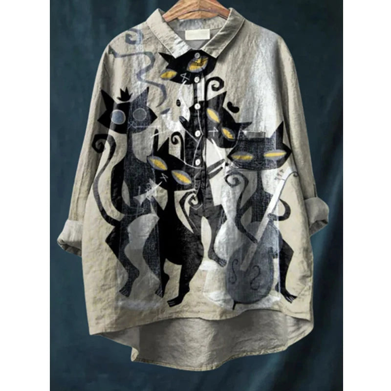 2025 Summer Elegant Office Ladies' New Loose Casual Printed Turnover Collar Long-sleeve Women's Blouse