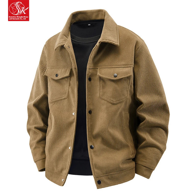 SK Autumn Men's Retro Corduroy Collar Jacket Warm Casual Multi-Pocket Utility Single Breasted Slim Design Front Logo Coated